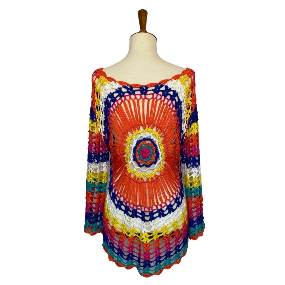 Boho Rainbow Colored Crochet Knit Hollow-Out Beach Coverup - Picture 14 of 16